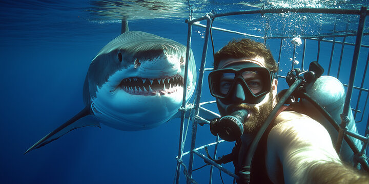 Man captures thrilling underwater selfie in shark cage with giant shark nearby, diving adventure experience