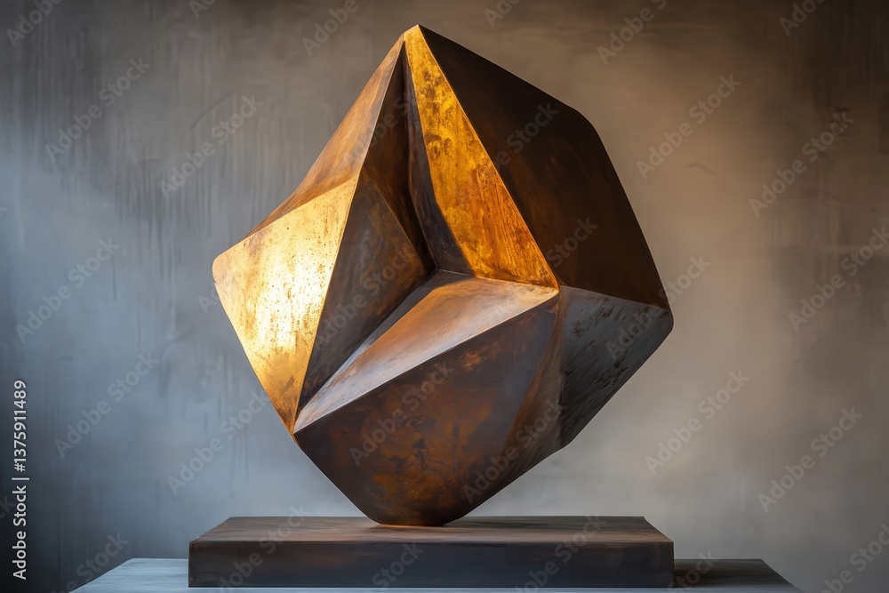 Poster a geometric metallic sculpture displayed on a rectangular platform
