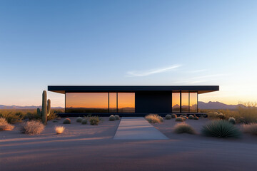 Obraz premium Explore self-sustaining desert home featuring solar panels and greywater systems under midday shadows