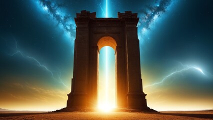 Ancient Gateway Illuminated: A Portal of Light Transcends Reality under a Sky of Cosmic Wonders and Electrical Storms.