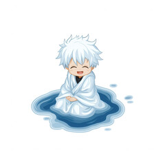 A cheerful cartoon character with white hair, enjoying a playful splash in water, wrapped in a light robe, evoking a sense of joy and relaxation.