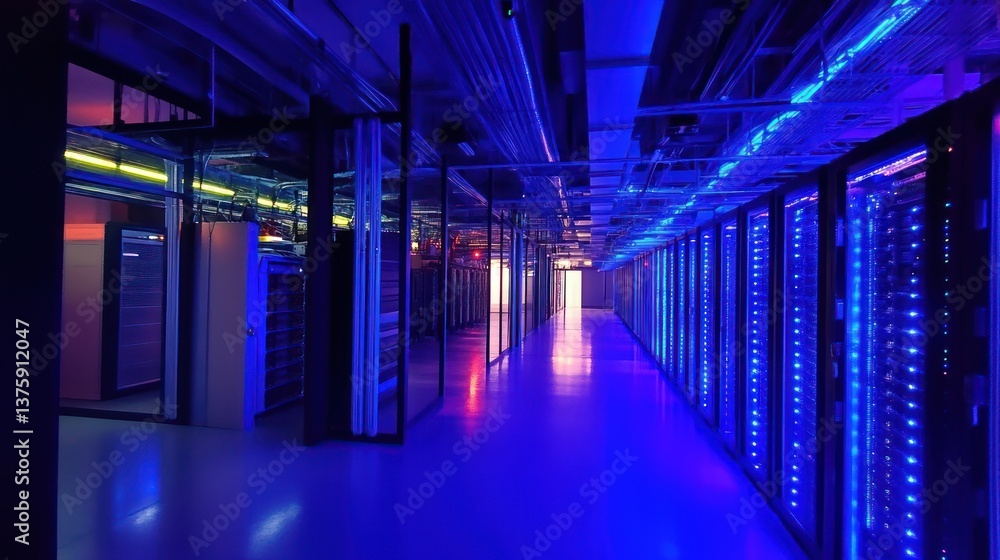 Poster futuristic server room illuminated with neon blue lights and data processing arrays