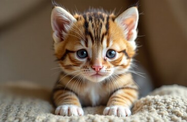 Adorable kitten playing on soft blanket  