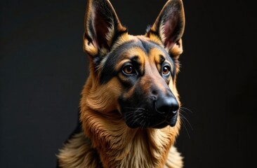 Fototapeta premium German Shepherd dog with alert expression against dark background 