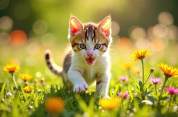 Playful kitten exploring a garden filled with colorful flowers  