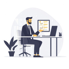 Fototapeta premium A confident professional man presenting financial data on a laptop in a modern office setting, surrounded by indoor plants, on a white isolated background.