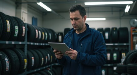 Auto mechanic using tablet in tire warehouse surrounded by stacked wheels. Man in blue uniform checking inventory with digital device in service center. Automotive retail, inventory. Tire shops, auto