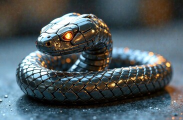 Metallic snake coiling with glowing eyes on a reflective surface  