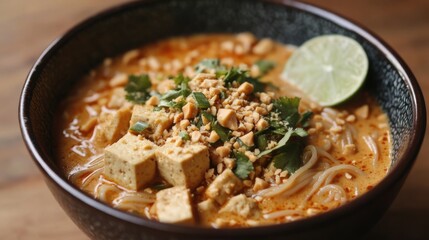 Delicious bowl of spicy noodle soup with tofu and fresh herbs served in a dark bowl during lunch hour