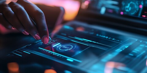 African Woman Finger Touching Glowing Digital Interface Futuristic Design