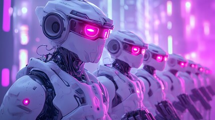 Fototapeta premium Futuristic Cityscape Row of White Robots with Pink Glowing Eyes
