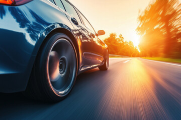 Right side of a grey modern car driving on the road at high speed, with sunset light and motion blur