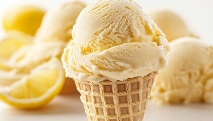 Refreshing Lemon Ice Cream Scoops in Waffle Cones, with Fresh Lemon Slices on Soft White Background
