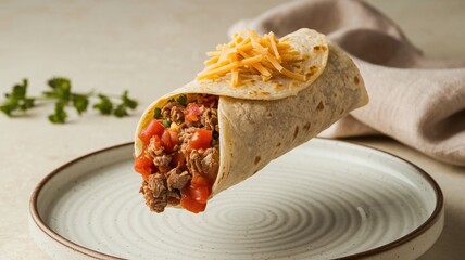 A floating burrito filled with beef, fresh salsa, and cilantro, set against a light minimalist background, ideal for modern food presentations and advertisements. 