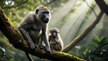 A wild olive baboon (Papio anubis) perched on a moss-covered tree branch in a sun-dappled African forest, its golden eyes scanning the canopy. The baboon's silver-furred back contrasts with its dark, 