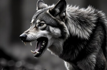 Fototapeta premium Fierce wolf showing teeth in dark forest background 