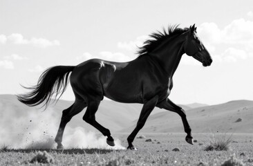 Black horse galloping across the open field in black and white  