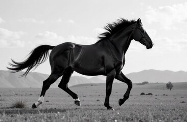 Majestic black horse running across a serene landscape  