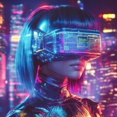 Cyberpunk Woman with VR Headset in Neon City By Generated AI
