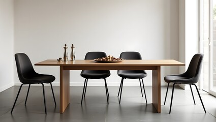 Interior design of stylish dining room interior with family wooden table, modern chairs, plate with nuts, salt and pepper shakers.