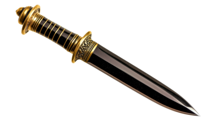 Antique dagger with golden hilt and blade, cut out transparent