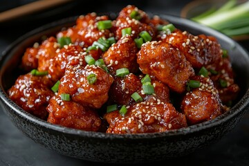 Delicious Sesame Chicken with Green Onions in a Black Bowl