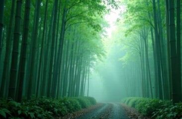 Obraz premium Lush bamboo forest path shrouded in mist 