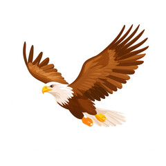 Obraz premium A majestic eagle soaring gracefully through the air with outstretched wings, showcasing its impressive feathers in rich shades of brown and white, on a white isolated background.