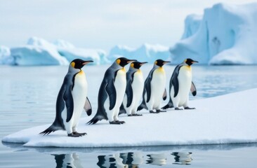 Obraz premium Group of emperor penguins standing on ice against icy backdrop 
