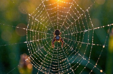Fototapeta premium Spider weaving a web covered in dew against a morning background 