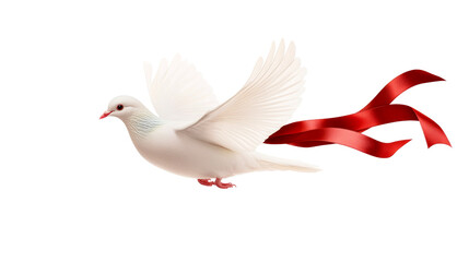 Obraz premium White dove flying with red ribbon, freedom concept, cut out transparent