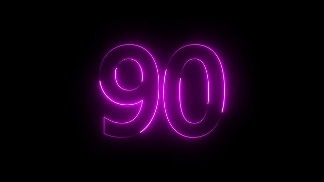 The neon 90 text icon animation displays glowing "90" digits, smoothly transitioning between bright neon colors, with pulsating light effects, creating a vibrant, futuristic visual experience.