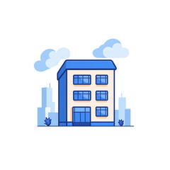 Naklejka premium A modern building illustration featuring geometric shapes, large windows, and simplistic design elements set against a clear, blue sky.
