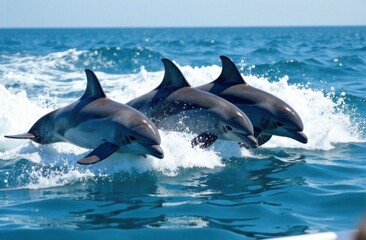 Fototapeta premium Group of dolphins leaping joyfully above ocean waves 