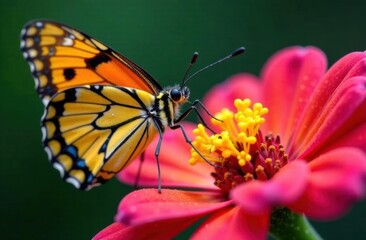 Fototapeta premium Butterfly feeding on vibrant pink flower against green background 