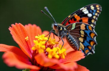 Colorful butterfly feeding on vibrant orange flower  