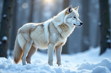 Naklejka premium White wolf standing in snow with sunlight in the forest 