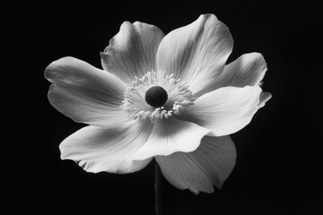 Fototapeta premium A delicate white anemone flower set against a striking black backdrop.