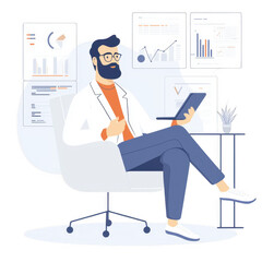 A professional man in a white coat sitting in an office chair, holding a tablet, surrounded by data charts and graphs on the wall, symbolizing modern business analysis.