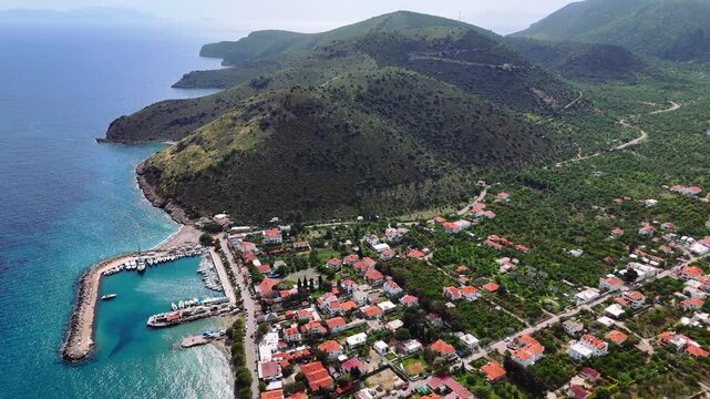 Drone Shot Capturing the Landscape of a Village Nestled Amidst Cultivated Fields and Mountains. Datca, Mugla, Turkey