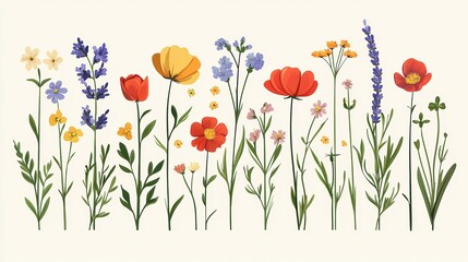 Fototapeta premium Wildflower illustration collection representing natural diversity, seasonal growth, meadow flora, and botanical study in a delicate vintage style