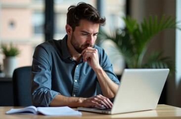Thoughtful man working on laptop in modern office setting  