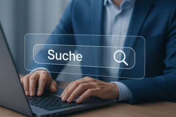 Mann sucht online &uuml;ber Laptop mit digitaler Suchleiste
