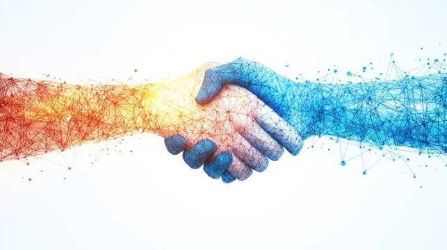 Abstract handshake concept in modern corporate style, symbolizing a successful partnership, white background.