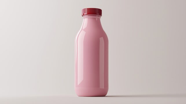 Glossy pink milk bottle with red cap isolated on neutral background lighting