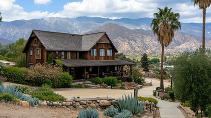 A charming countryside two-story home with a gabled roof, wooden exterior, and scenic mountain backdrop.