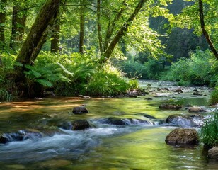 Fototapeta premium River flowing through lush green forest in summer