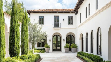 Naklejka premium A Mediterranean-style two-story villa with white stucco walls, arched doorways, and a peaceful courtyard.