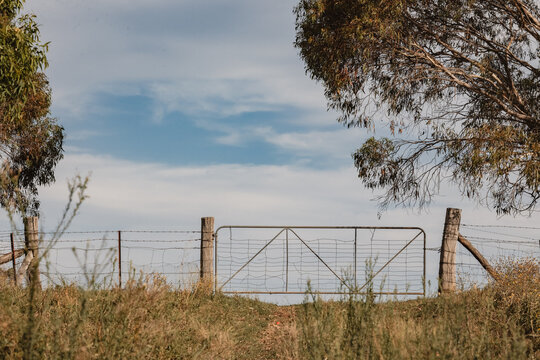 Rural farm gate on hill top with blue sky background