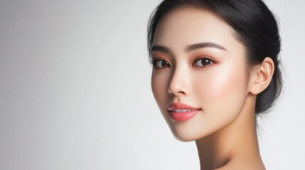 Fototapeta premium Woman with radiant skin and soft makeup looks confidently toward the camera in a well-lit studio setting